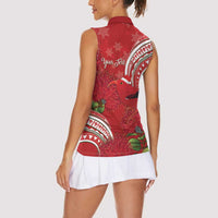 Personalized Mele Kalikimaka Hawaii Women Sleeveless Polo Shirt I'iwi Bird With Ohia Lehua - Red Color LT14 - Polynesian Pride