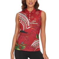 Personalized Mele Kalikimaka Hawaii Women Sleeveless Polo Shirt I'iwi Bird With Ohia Lehua - Red Color LT14 - Polynesian Pride