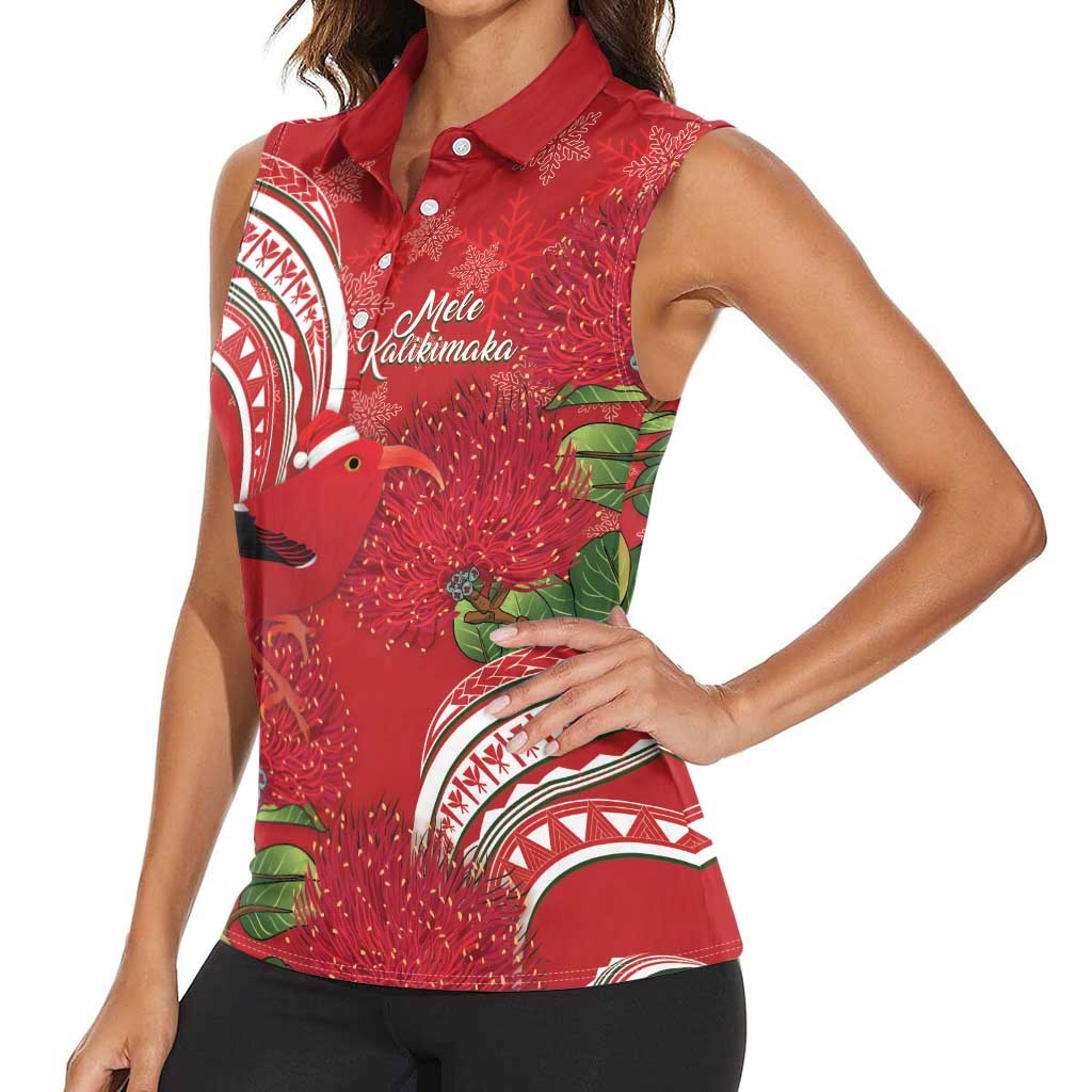 Personalized Mele Kalikimaka Hawaii Women Sleeveless Polo Shirt I'iwi Bird With Ohia Lehua - Red Color LT14 - Polynesian Pride