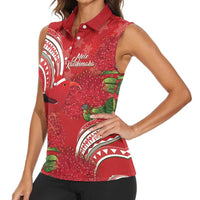 Personalized Mele Kalikimaka Hawaii Women Sleeveless Polo Shirt I'iwi Bird With Ohia Lehua - Red Color LT14 - Polynesian Pride