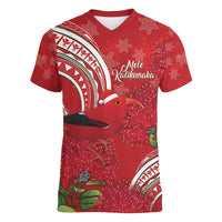 Personalized Mele Kalikimaka Hawaii Women V-Neck T-Shirt I'iwi Bird With Ohia Lehua - Red Color LT14 Female Red - Polynesian Pride