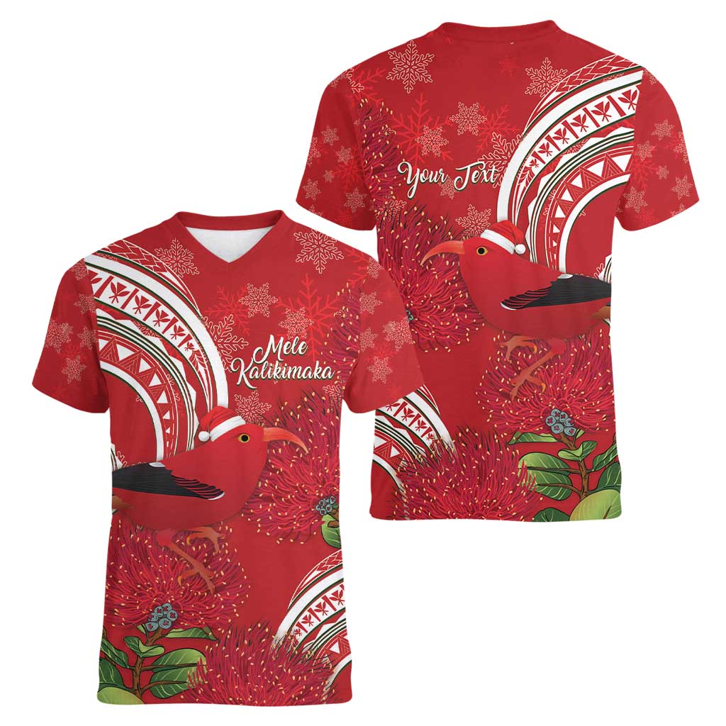 Personalized Mele Kalikimaka Hawaii Women V-Neck T-Shirt I'iwi Bird With Ohia Lehua - Red Color LT14 - Polynesian Pride