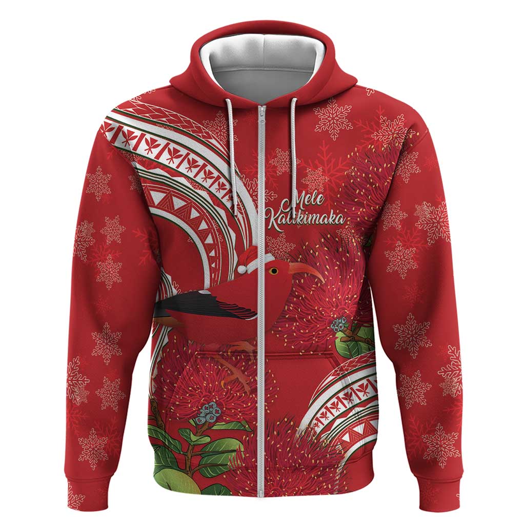 Personalized Mele Kalikimaka Hawaii Zip Hoodie I'iwi Bird With Ohia Lehua - Red Color LT14 Zip Hoodie Red - Polynesian Pride