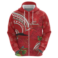 Personalized Mele Kalikimaka Hawaii Zip Hoodie I'iwi Bird With Ohia Lehua - Red Color LT14 - Polynesian Pride