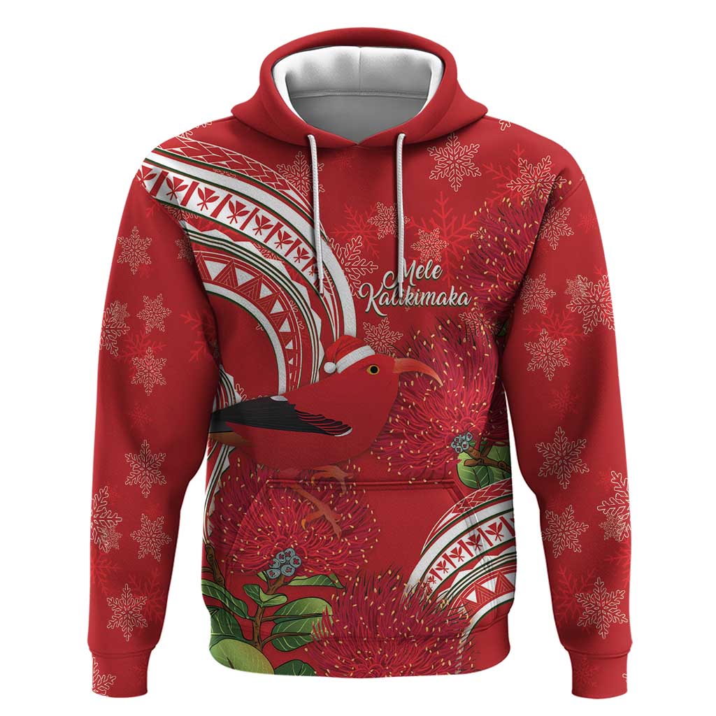 Personalized Mele Kalikimaka Hawaii Zip Hoodie I'iwi Bird With Ohia Lehua - Red Color LT14 Pullover Hoodie Red - Polynesian Pride