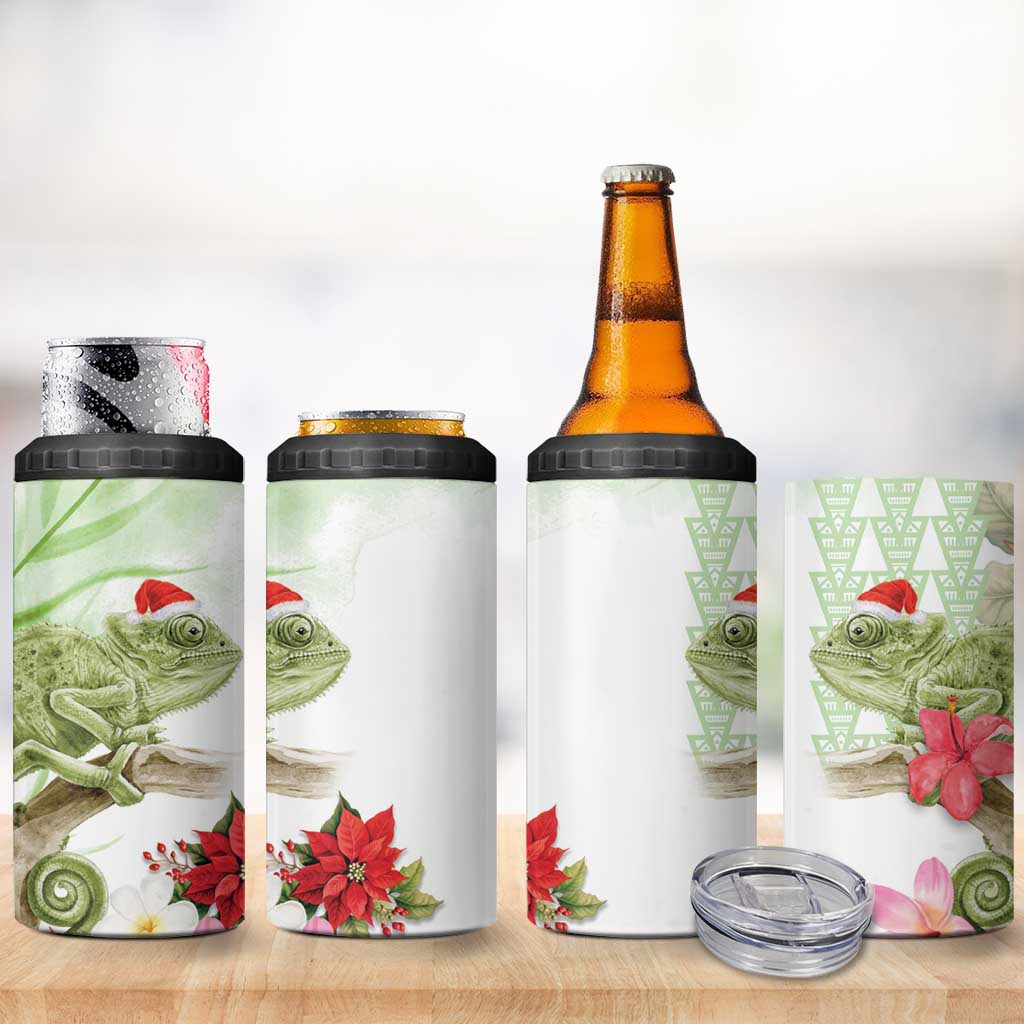 Pastel Green Hawaii Chameleon Christmas 4 in 1 Can Cooler Tumbler Mele Kalikimaka Kakau - Watercolor LT14 - Polynesian Pride