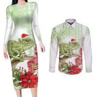 Pastel Green Hawaii Chameleon Christmas Couples Matching Long Sleeve Bodycon Dress and Long Sleeve Button Shirt Mele Kalikimaka Kakau - Watercolor LT14 Green - Polynesian Pride