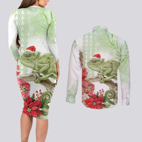 Pastel Green Hawaii Chameleon Christmas Couples Matching Long Sleeve Bodycon Dress and Long Sleeve Button Shirt Mele Kalikimaka Kakau - Watercolor LT14 - Polynesian Pride