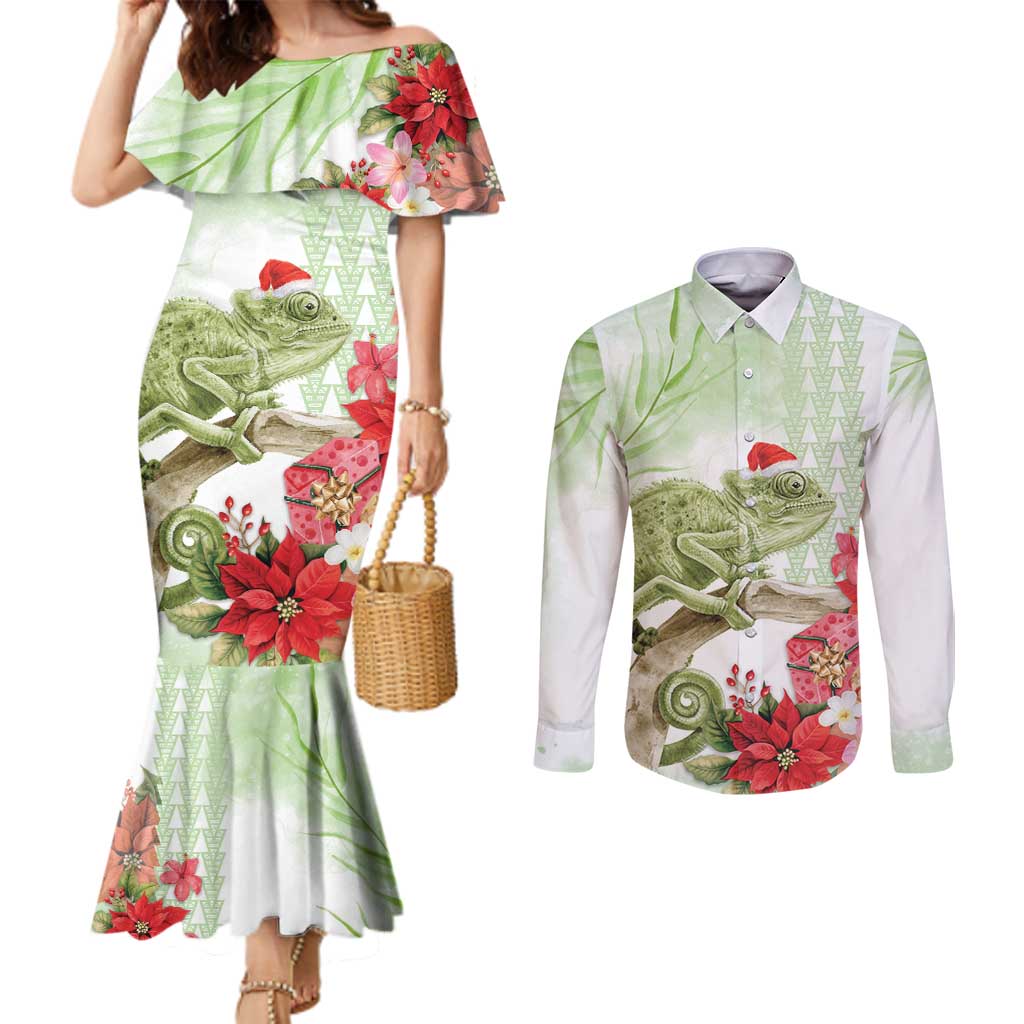 Pastel Green Hawaii Chameleon Christmas Couples Matching Mermaid Dress and Long Sleeve Button Shirt Mele Kalikimaka Kakau - Watercolor LT14 Green - Polynesian Pride