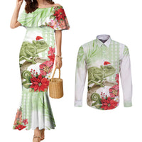 Pastel Green Hawaii Chameleon Christmas Couples Matching Mermaid Dress and Long Sleeve Button Shirt Mele Kalikimaka Kakau - Watercolor LT14 Green - Polynesian Pride