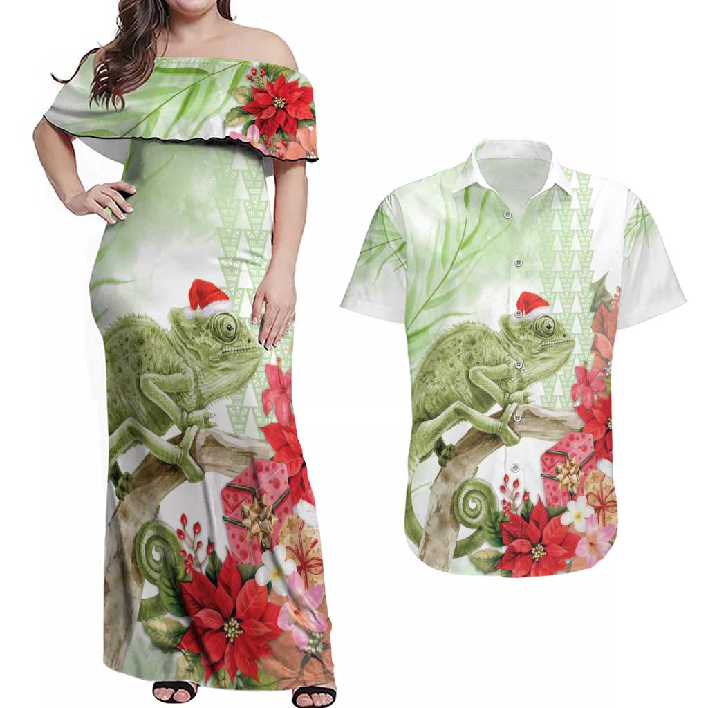 Pastel Green Hawaii Chameleon Christmas Couples Matching Off Shoulder Maxi Dress and Hawaiian Shirt Mele Kalikimaka Kakau - Watercolor LT14 Green - Polynesian Pride