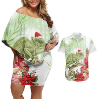 Pastel Green Hawaii Chameleon Christmas Couples Matching Off Shoulder Short Dress and Hawaiian Shirt Mele Kalikimaka Kakau - Watercolor LT14 Green - Polynesian Pride