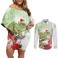Pastel Green Hawaii Chameleon Christmas Couples Matching Off Shoulder Short Dress and Long Sleeve Button Shirt Mele Kalikimaka Kakau - Watercolor LT14 Green - Polynesian Pride