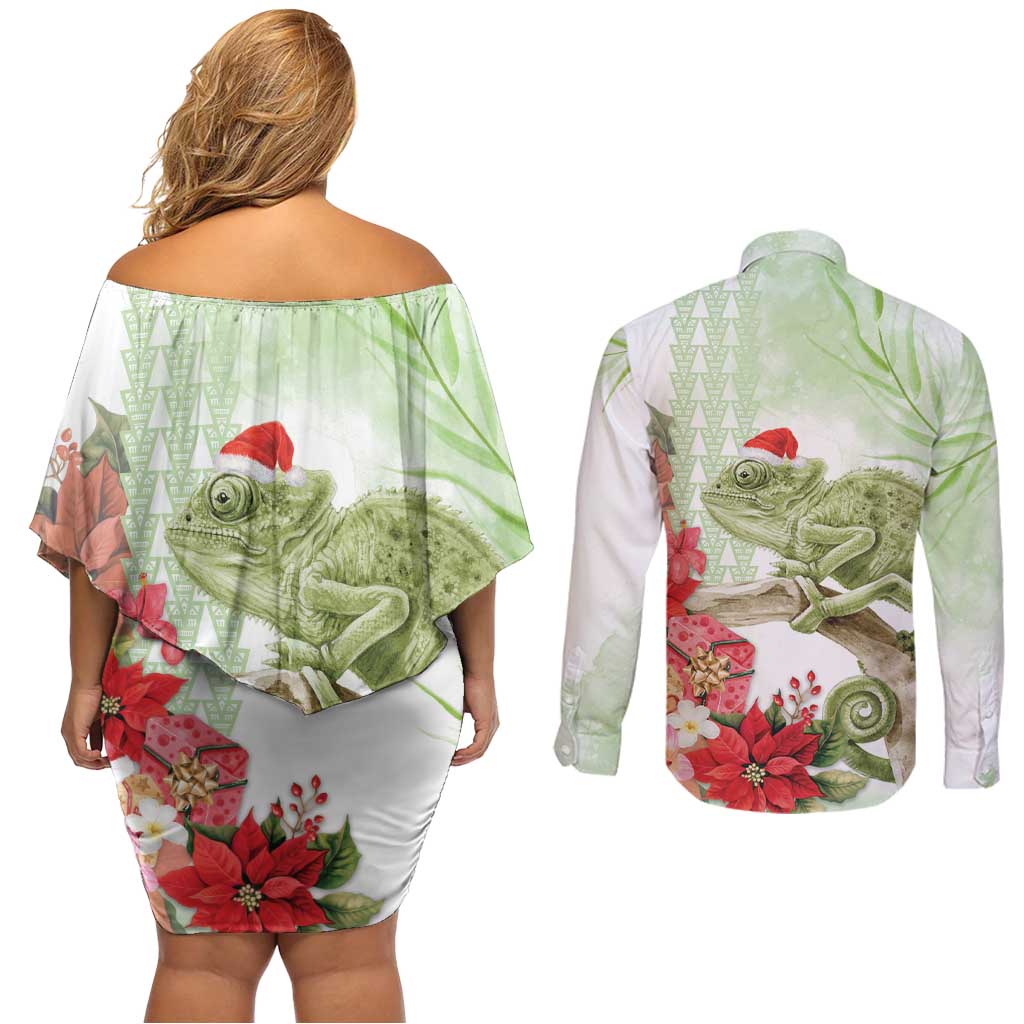 Pastel Green Hawaii Chameleon Christmas Couples Matching Off Shoulder Short Dress and Long Sleeve Button Shirt Mele Kalikimaka Kakau - Watercolor LT14 - Polynesian Pride