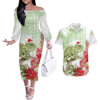 Pastel Green Hawaii Chameleon Christmas Couples Matching Off The Shoulder Long Sleeve Dress and Hawaiian Shirt Mele Kalikimaka Kakau - Watercolor LT14 Green - Polynesian Pride