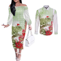 Pastel Green Hawaii Chameleon Christmas Couples Matching Off The Shoulder Long Sleeve Dress and Long Sleeve Button Shirt Mele Kalikimaka Kakau - Watercolor LT14 Green - Polynesian Pride