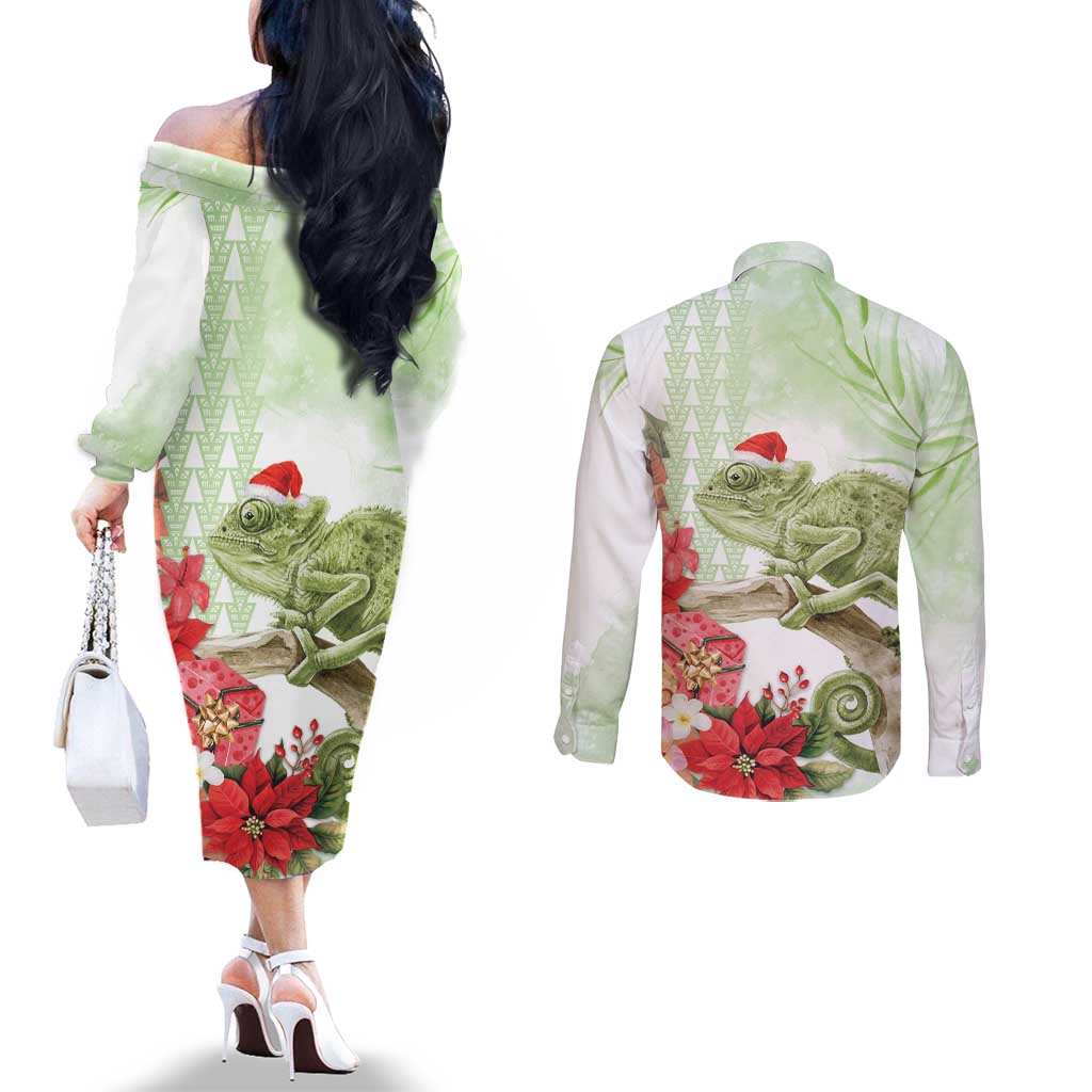 Pastel Green Hawaii Chameleon Christmas Couples Matching Off The Shoulder Long Sleeve Dress and Long Sleeve Button Shirt Mele Kalikimaka Kakau - Watercolor LT14 - Polynesian Pride