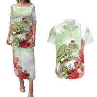Pastel Green Hawaii Chameleon Christmas Couples Matching Puletasi and Hawaiian Shirt Mele Kalikimaka Kakau - Watercolor LT14 Green - Polynesian Pride