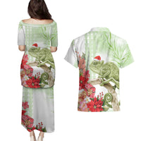 Pastel Green Hawaii Chameleon Christmas Couples Matching Puletasi and Hawaiian Shirt Mele Kalikimaka Kakau - Watercolor LT14 - Polynesian Pride