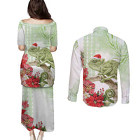 Pastel Green Hawaii Chameleon Christmas Couples Matching Puletasi and Long Sleeve Button Shirt Mele Kalikimaka Kakau - Watercolor LT14 - Polynesian Pride