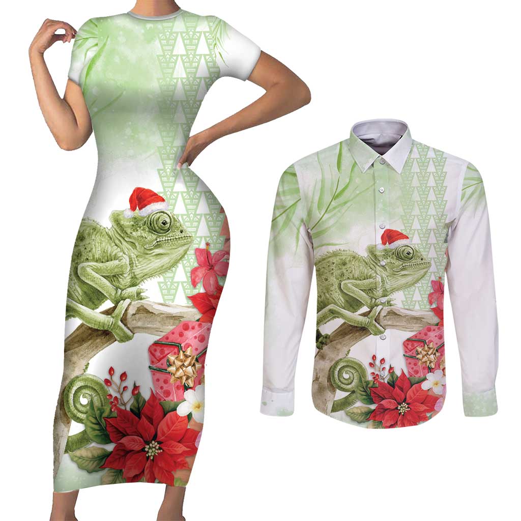 Pastel Green Hawaii Chameleon Christmas Couples Matching Short Sleeve Bodycon Dress and Long Sleeve Button Shirt Mele Kalikimaka Kakau - Watercolor LT14 Green - Polynesian Pride