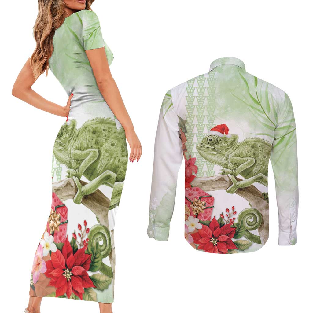 Pastel Green Hawaii Chameleon Christmas Couples Matching Short Sleeve Bodycon Dress and Long Sleeve Button Shirt Mele Kalikimaka Kakau - Watercolor LT14 - Polynesian Pride