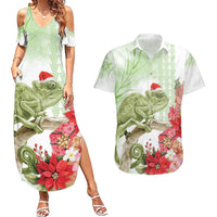 Pastel Green Hawaii Chameleon Christmas Couples Matching Summer Maxi Dress and Hawaiian Shirt Mele Kalikimaka Kakau - Watercolor LT14 Green - Polynesian Pride