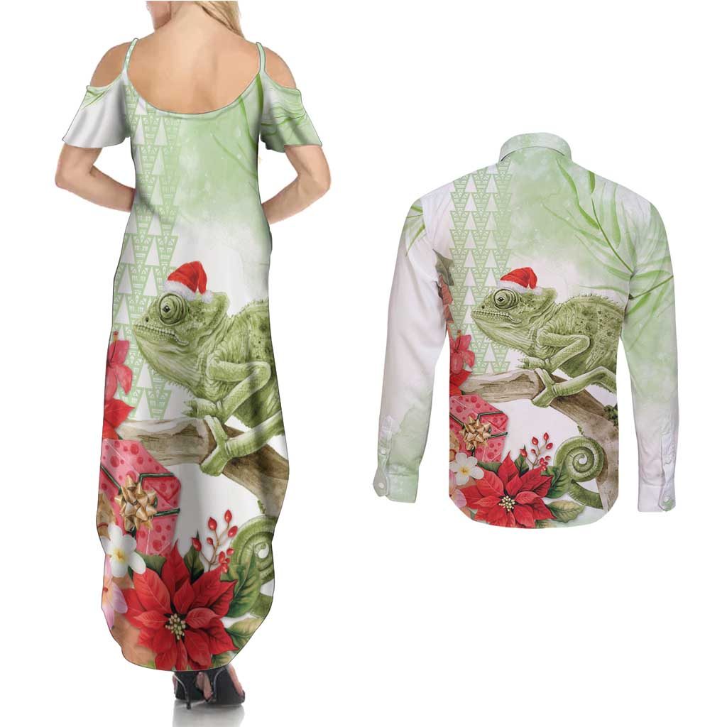 Pastel Green Hawaii Chameleon Christmas Couples Matching Summer Maxi Dress and Long Sleeve Button Shirt Mele Kalikimaka Kakau - Watercolor LT14 - Polynesian Pride
