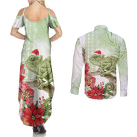 Pastel Green Hawaii Chameleon Christmas Couples Matching Summer Maxi Dress and Long Sleeve Button Shirt Mele Kalikimaka Kakau - Watercolor LT14 - Polynesian Pride