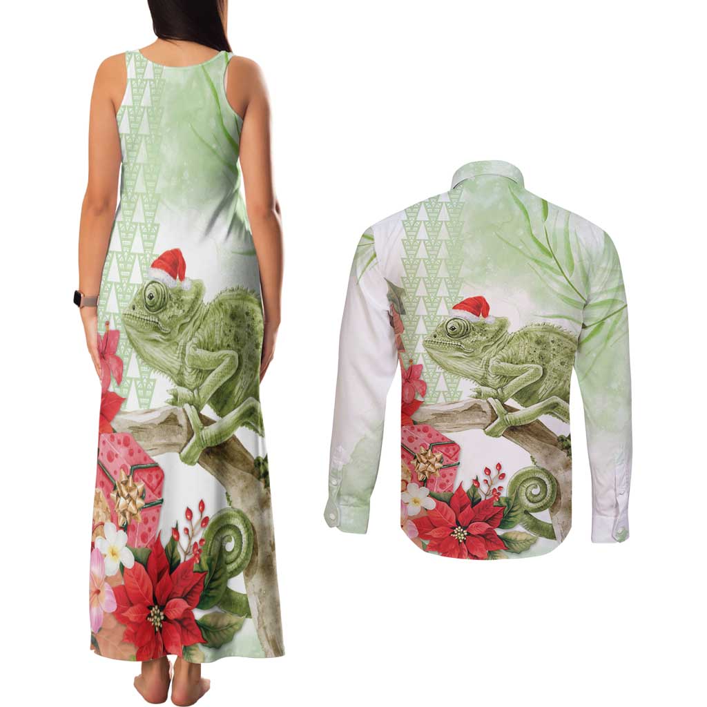 Pastel Green Hawaii Chameleon Christmas Couples Matching Tank Maxi Dress and Long Sleeve Button Shirt Mele Kalikimaka Kakau - Watercolor LT14 - Polynesian Pride