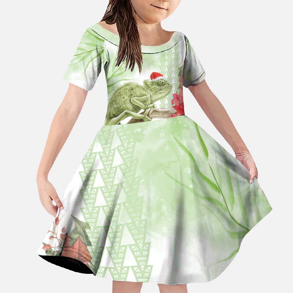 Pastel Green Hawaii Chameleon Christmas Family Matching Long Sleeve Bodycon Dress and Hawaiian Shirt Mele Kalikimaka Kakau - Watercolor LT14 Daughter's Dress Green - Polynesian Pride