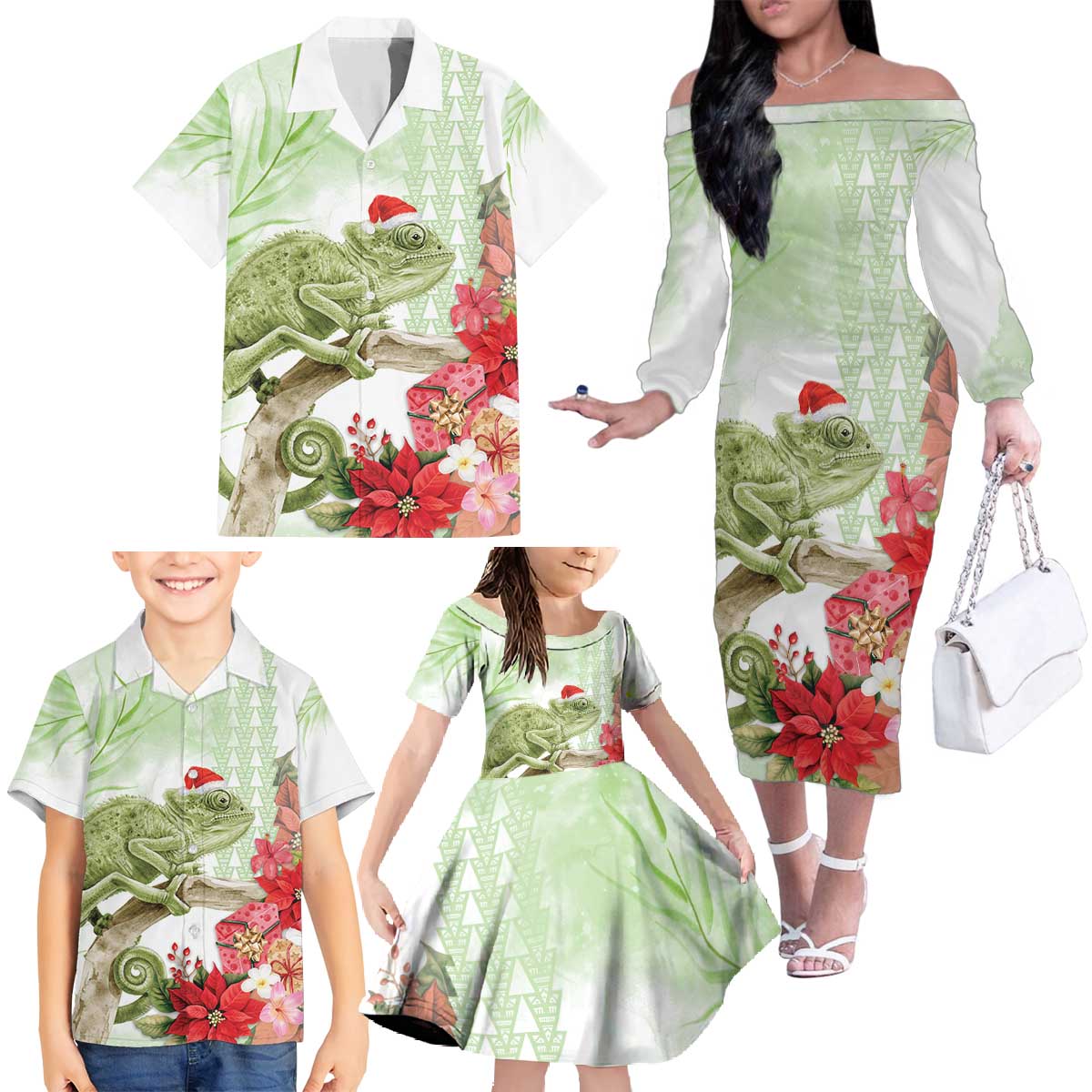 Pastel Green Hawaii Chameleon Christmas Family Matching Off The Shoulder Long Sleeve Dress and Hawaiian Shirt Mele Kalikimaka Kakau - Watercolor LT14 - Polynesian Pride