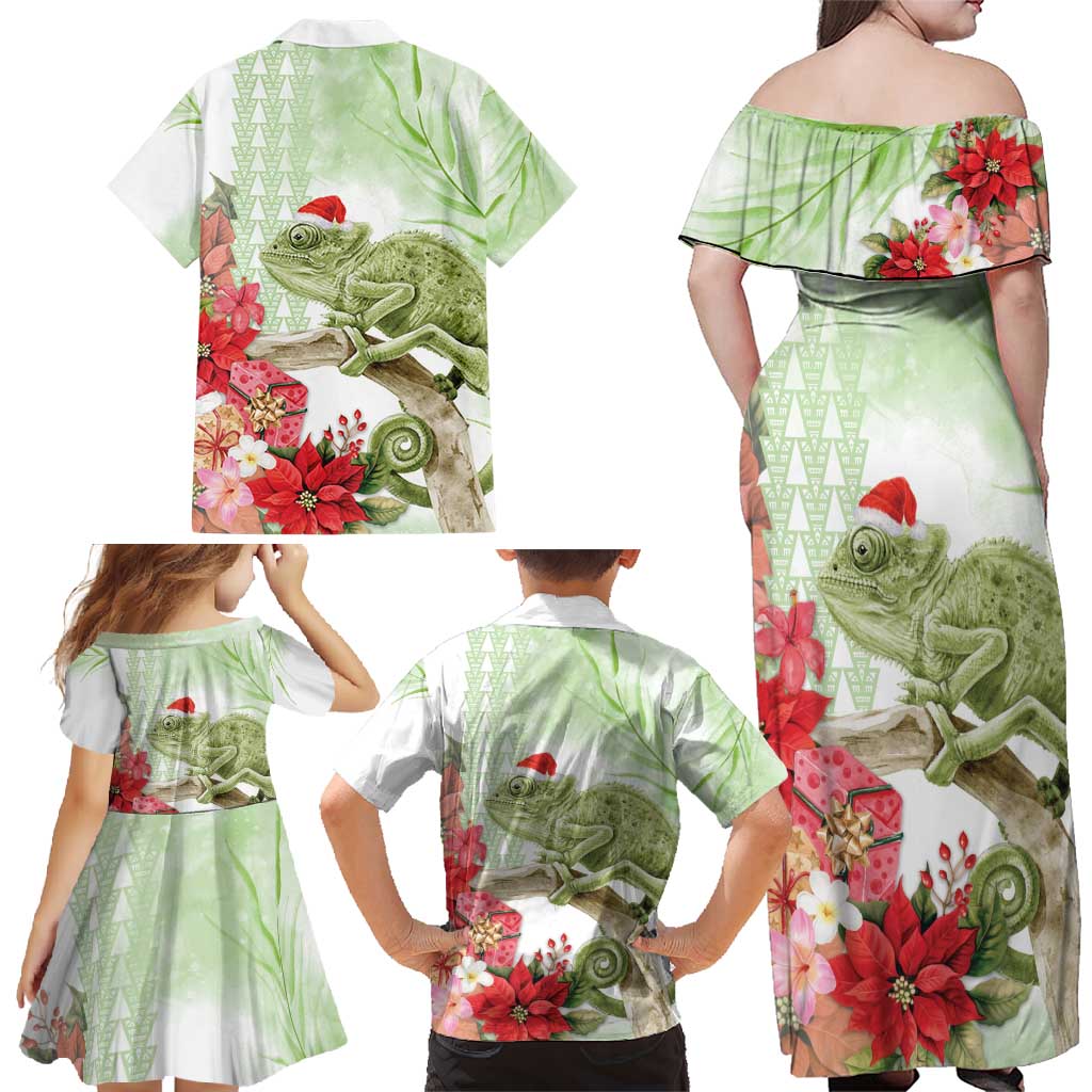 Pastel Green Hawaii Chameleon Christmas Family Matching Off Shoulder Maxi Dress and Hawaiian Shirt Mele Kalikimaka Kakau - Watercolor LT14 - Polynesian Pride