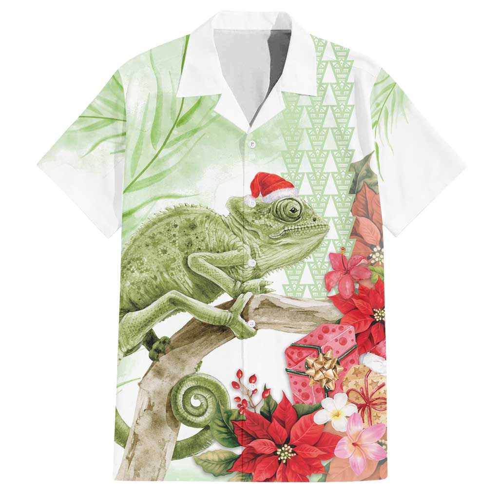 Pastel Green Hawaii Chameleon Christmas Family Matching Off Shoulder Maxi Dress and Hawaiian Shirt Mele Kalikimaka Kakau - Watercolor LT14 Dad's Shirt - Short Sleeve Green - Polynesian Pride