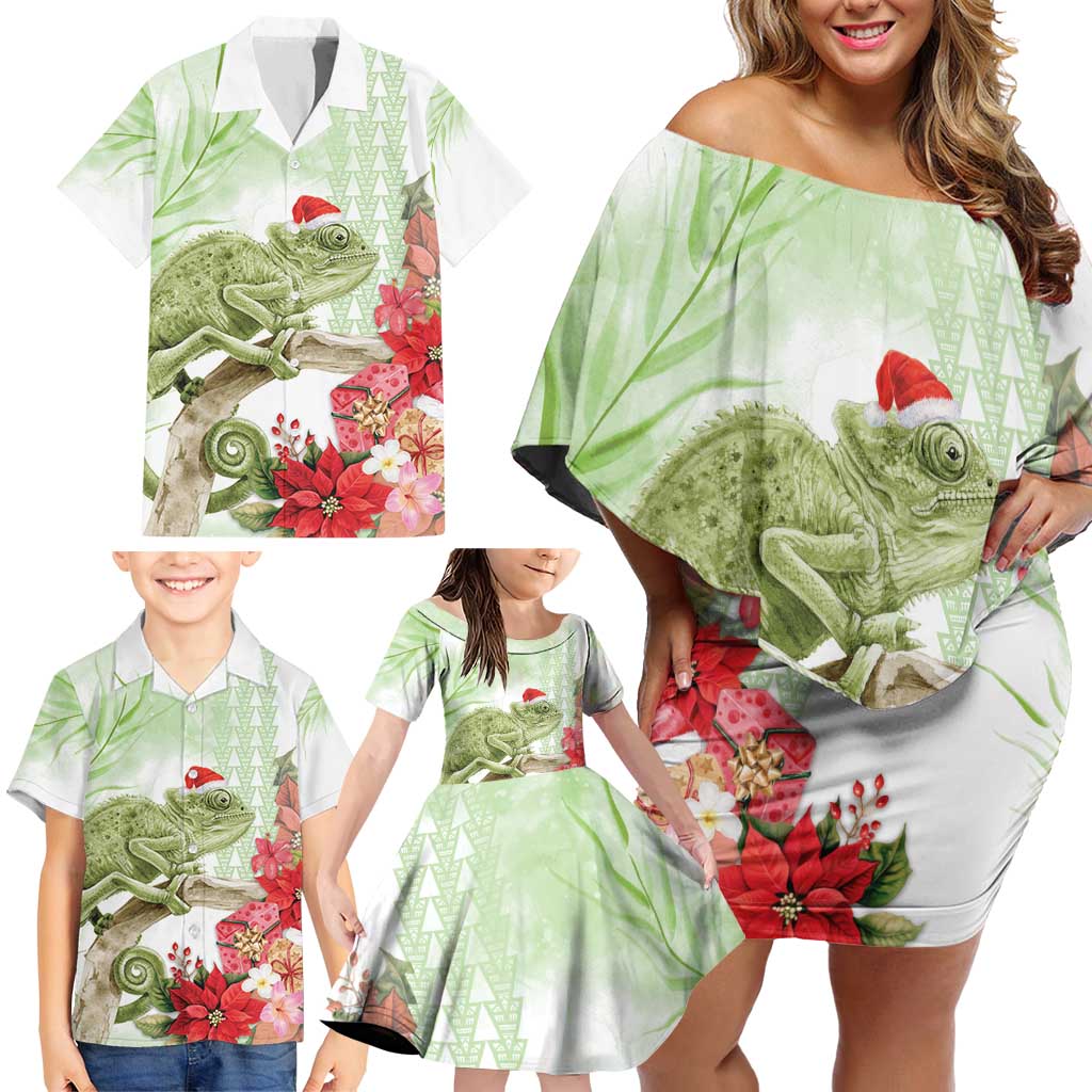 Pastel Green Hawaii Chameleon Christmas Family Matching Off Shoulder Short Dress and Hawaiian Shirt Mele Kalikimaka Kakau - Watercolor LT14 - Polynesian Pride