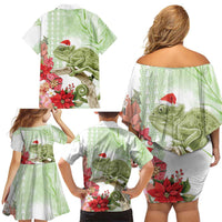 Pastel Green Hawaii Chameleon Christmas Family Matching Off Shoulder Short Dress and Hawaiian Shirt Mele Kalikimaka Kakau - Watercolor LT14 - Polynesian Pride