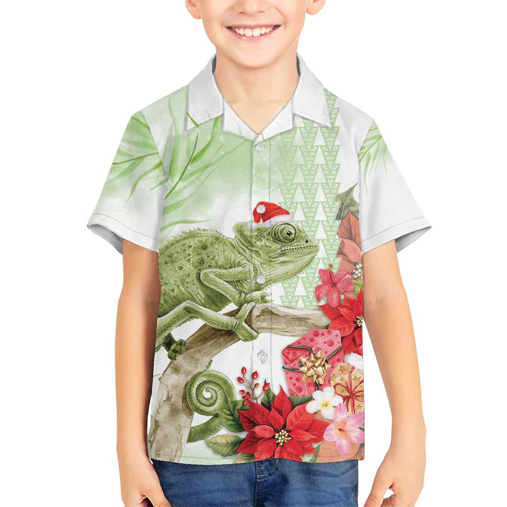 Pastel Green Hawaii Chameleon Christmas Family Matching Off Shoulder Short Dress and Hawaiian Shirt Mele Kalikimaka Kakau - Watercolor LT14 Son's Shirt Green - Polynesian Pride