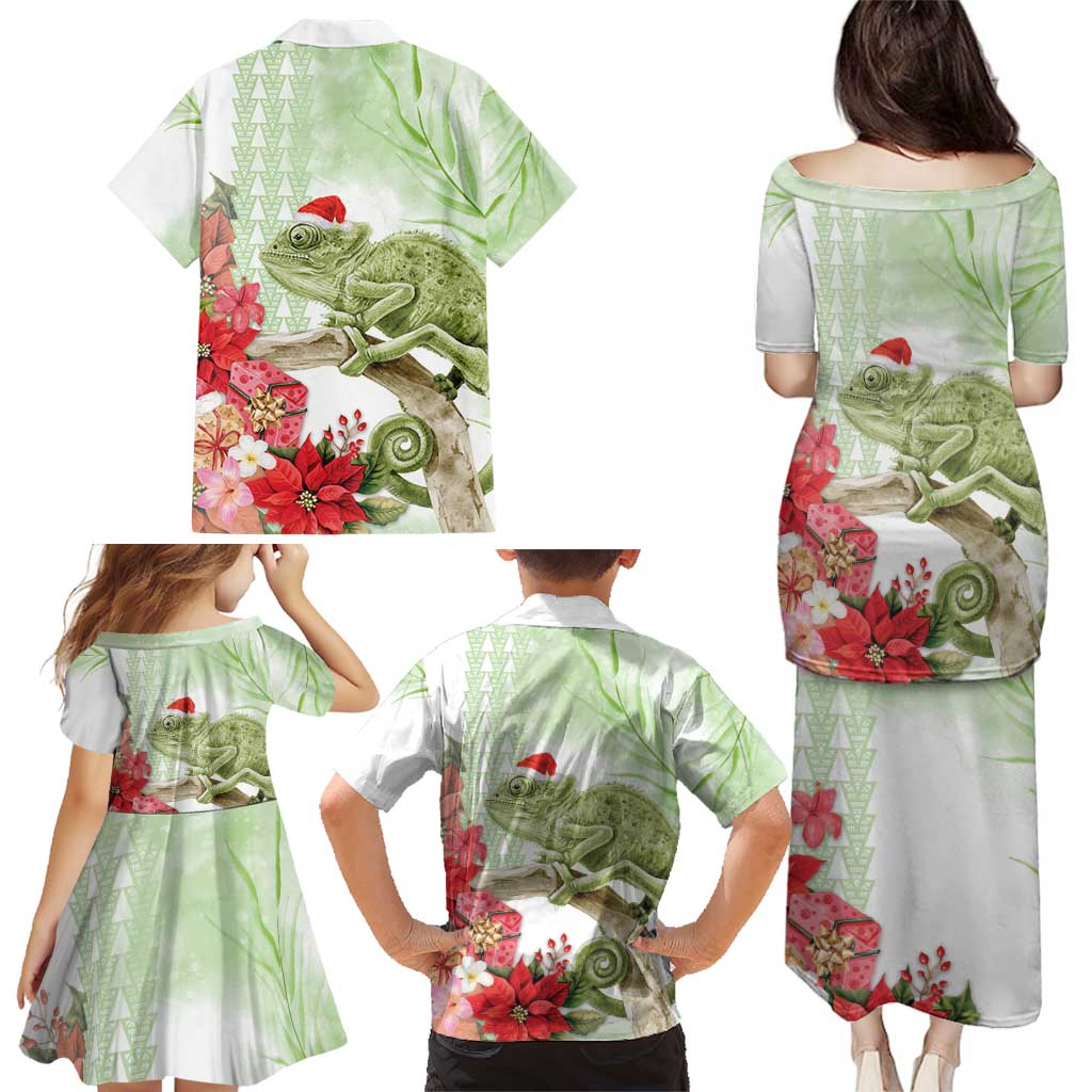 Pastel Green Hawaii Chameleon Christmas Family Matching Puletasi and Hawaiian Shirt Mele Kalikimaka Kakau - Watercolor LT14 - Polynesian Pride