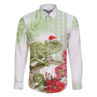 Pastel Green Hawaii Chameleon Christmas Family Matching Puletasi and Hawaiian Shirt Mele Kalikimaka Kakau - Watercolor LT14 Dad's Shirt - Long Sleeve Green - Polynesian Pride