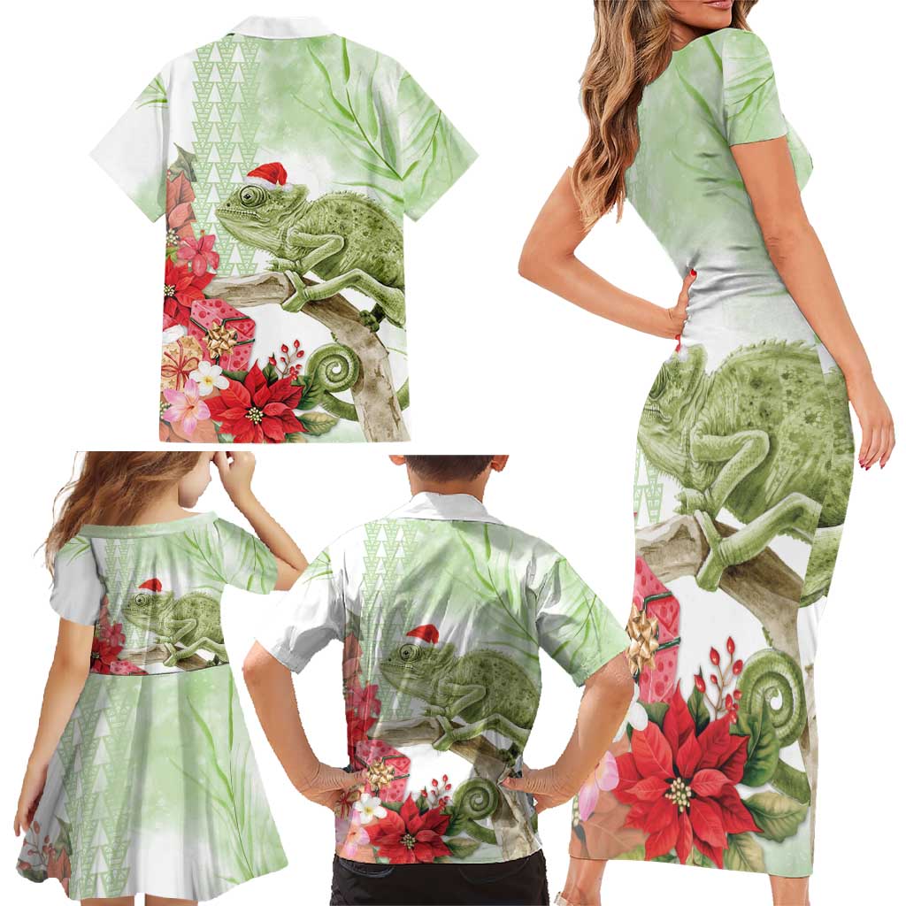 Pastel Green Hawaii Chameleon Christmas Family Matching Short Sleeve Bodycon Dress and Hawaiian Shirt Mele Kalikimaka Kakau - Watercolor LT14 - Polynesian Pride