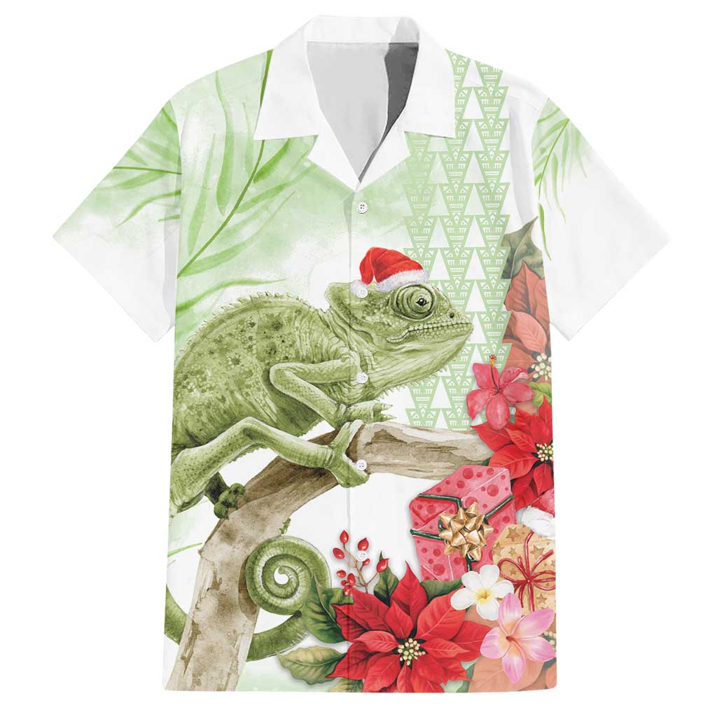 Pastel Green Hawaii Chameleon Christmas Family Matching Short Sleeve Bodycon Dress and Hawaiian Shirt Mele Kalikimaka Kakau - Watercolor LT14 Dad's Shirt - Short Sleeve Green - Polynesian Pride