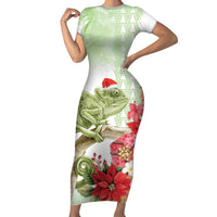 Pastel Green Hawaii Chameleon Christmas Family Matching Short Sleeve Bodycon Dress and Hawaiian Shirt Mele Kalikimaka Kakau - Watercolor LT14 Mom's Dress Green - Polynesian Pride