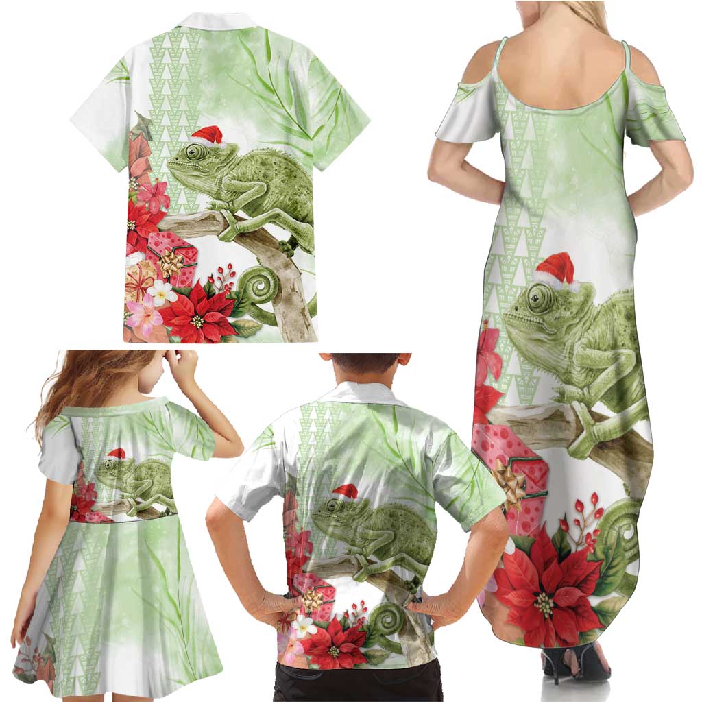 Pastel Green Hawaii Chameleon Christmas Family Matching Summer Maxi Dress and Hawaiian Shirt Mele Kalikimaka Kakau - Watercolor LT14 - Polynesian Pride