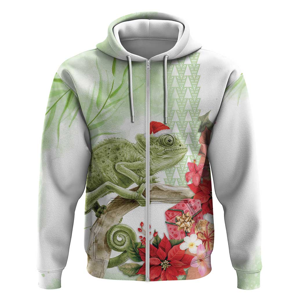 Pastel Green Hawaii Chameleon Christmas Hoodie Mele Kalikimaka Kakau - Watercolor LT14 Zip Hoodie Green - Polynesian Pride