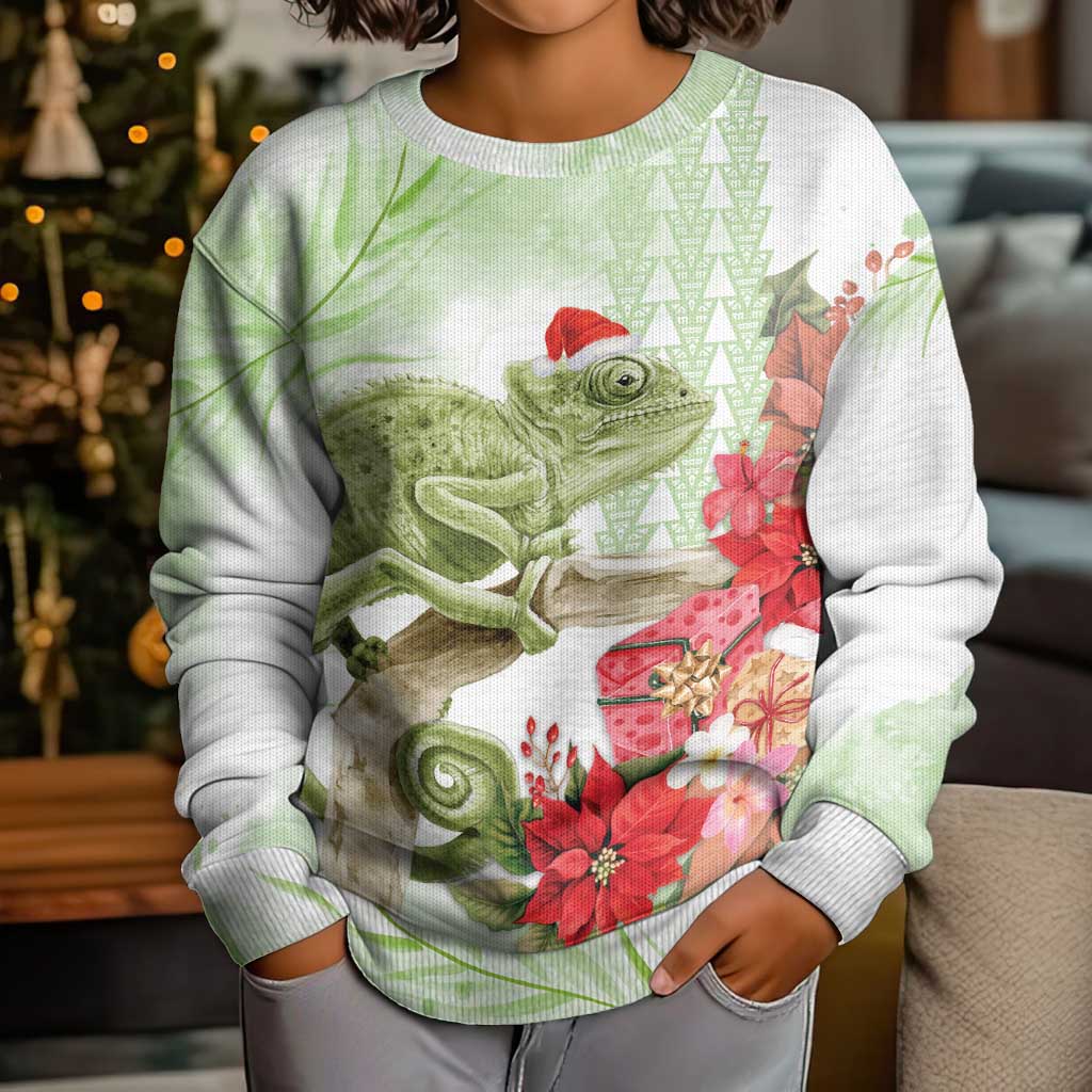 Pastel Green Hawaii Chameleon Christmas Kid Ugly Christmas Sweater Mele Kalikimaka Kakau - Watercolor LT14 - Polynesian Pride