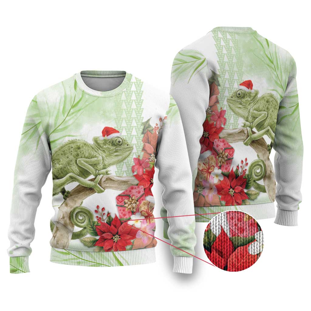 Pastel Green Hawaii Chameleon Christmas Ugly Christmas Sweater Mele Kalikimaka Kakau - Watercolor LT14 Green - Polynesian Pride