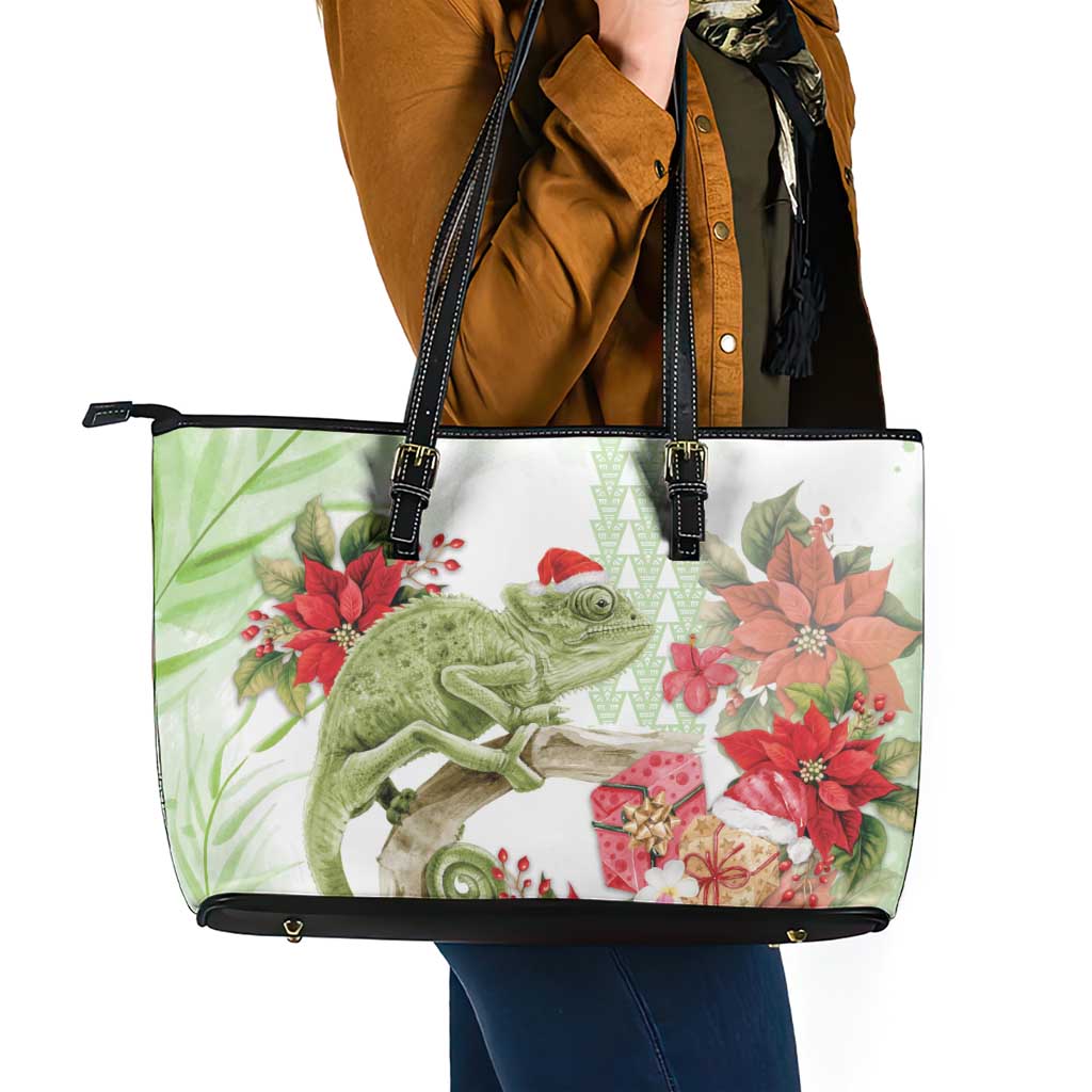 Pastel Green Hawaii Chameleon Christmas Leather Tote Bag Mele Kalikimaka Kakau - Watercolor LT14 - Polynesian Pride