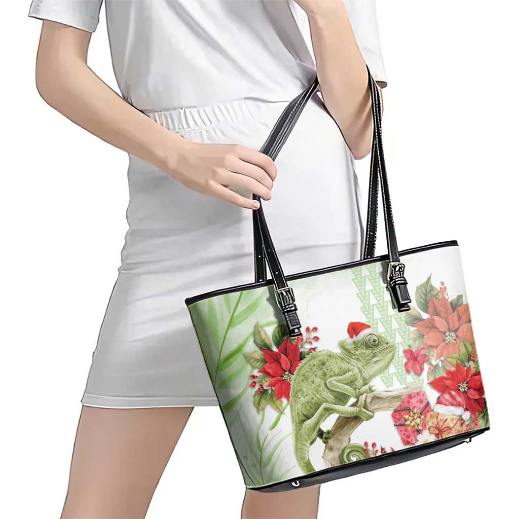 Pastel Green Hawaii Chameleon Christmas Leather Tote Bag Mele Kalikimaka Kakau - Watercolor LT14 - Polynesian Pride
