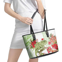 Pastel Green Hawaii Chameleon Christmas Leather Tote Bag Mele Kalikimaka Kakau - Watercolor LT14 - Polynesian Pride