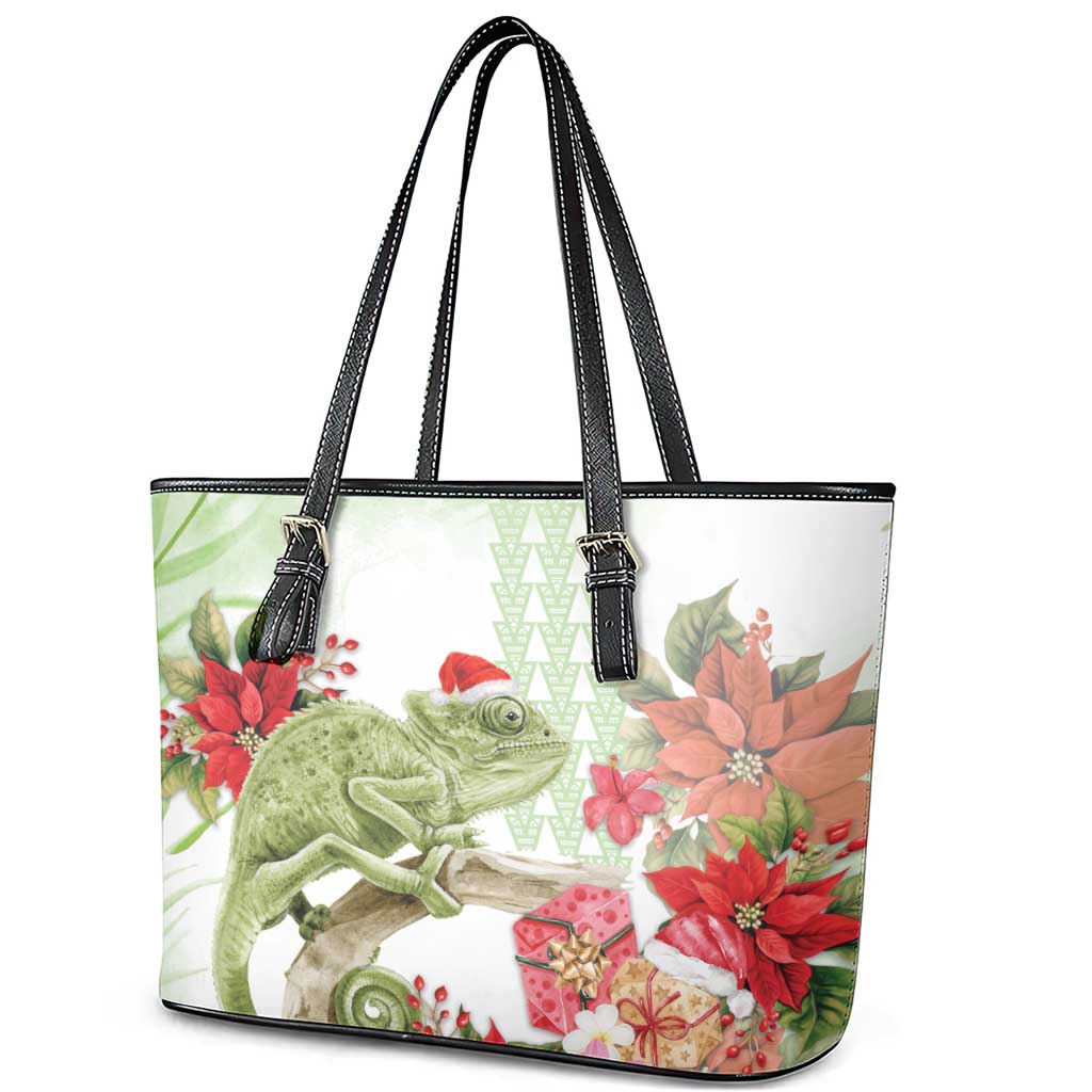 Pastel Green Hawaii Chameleon Christmas Leather Tote Bag Mele Kalikimaka Kakau - Watercolor LT14 - Polynesian Pride
